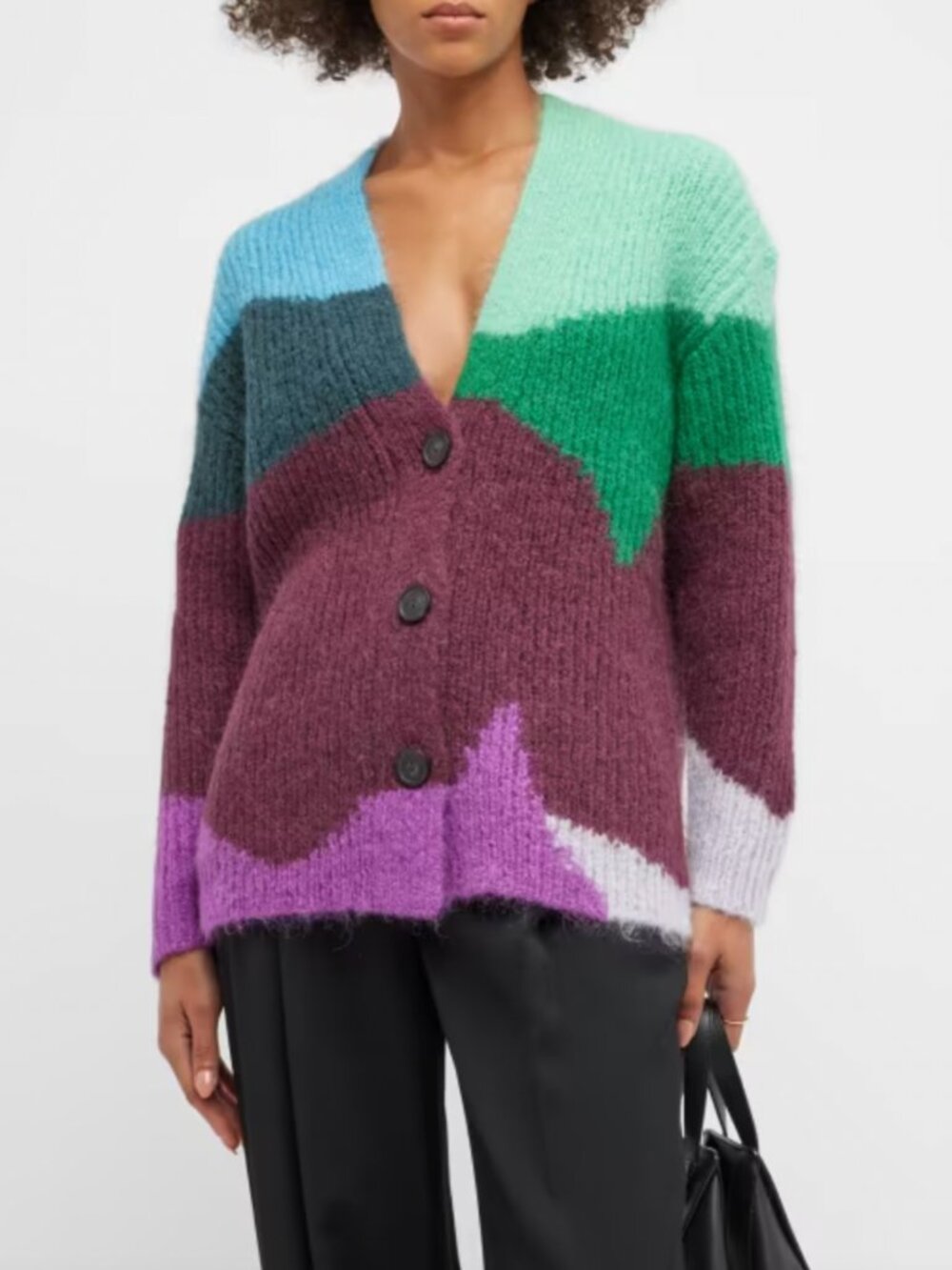 $595 Vince Intarsia Wave Mohair Alpaca Multi Colorblock Cardigan Sweater sz XS/S
